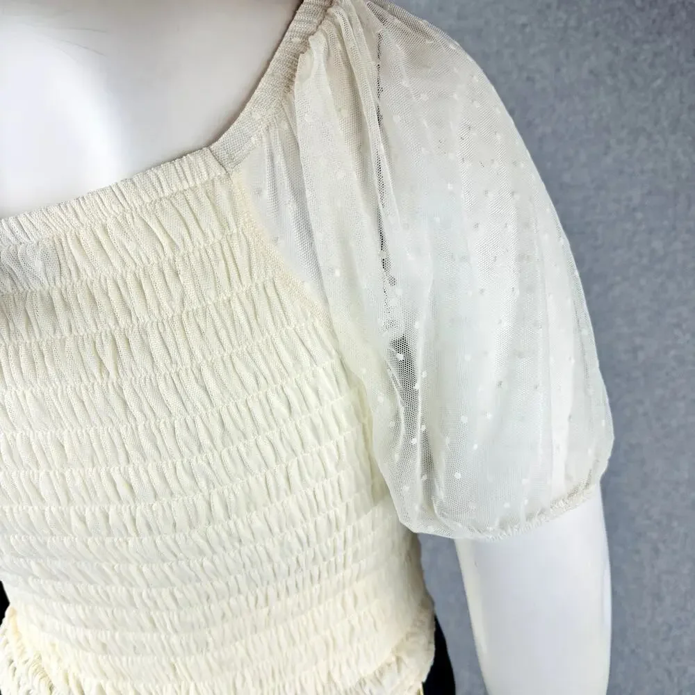 Torrid Womans Sz 4X Plus Blouse Smocked Dot Mesh Square Neck Crop Top Ivory NWT